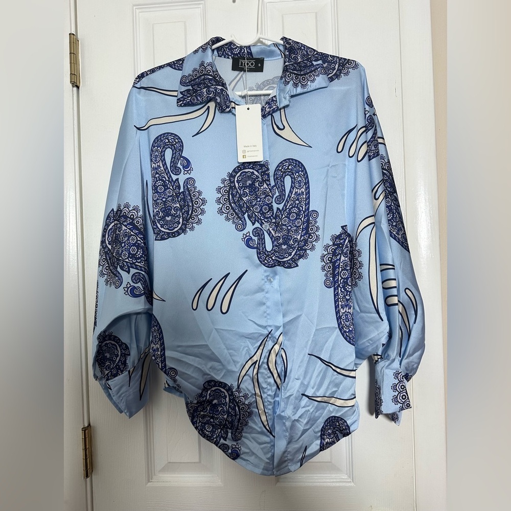Printed Satin Bishop Sleeve Button Down Top